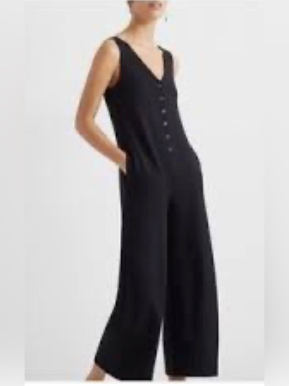 Club Monaco Black V-Neck Button Front Wide-Leg Jumpsuit